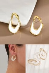 Asimetrik Beyaz Mineli Altın Renk Küpe