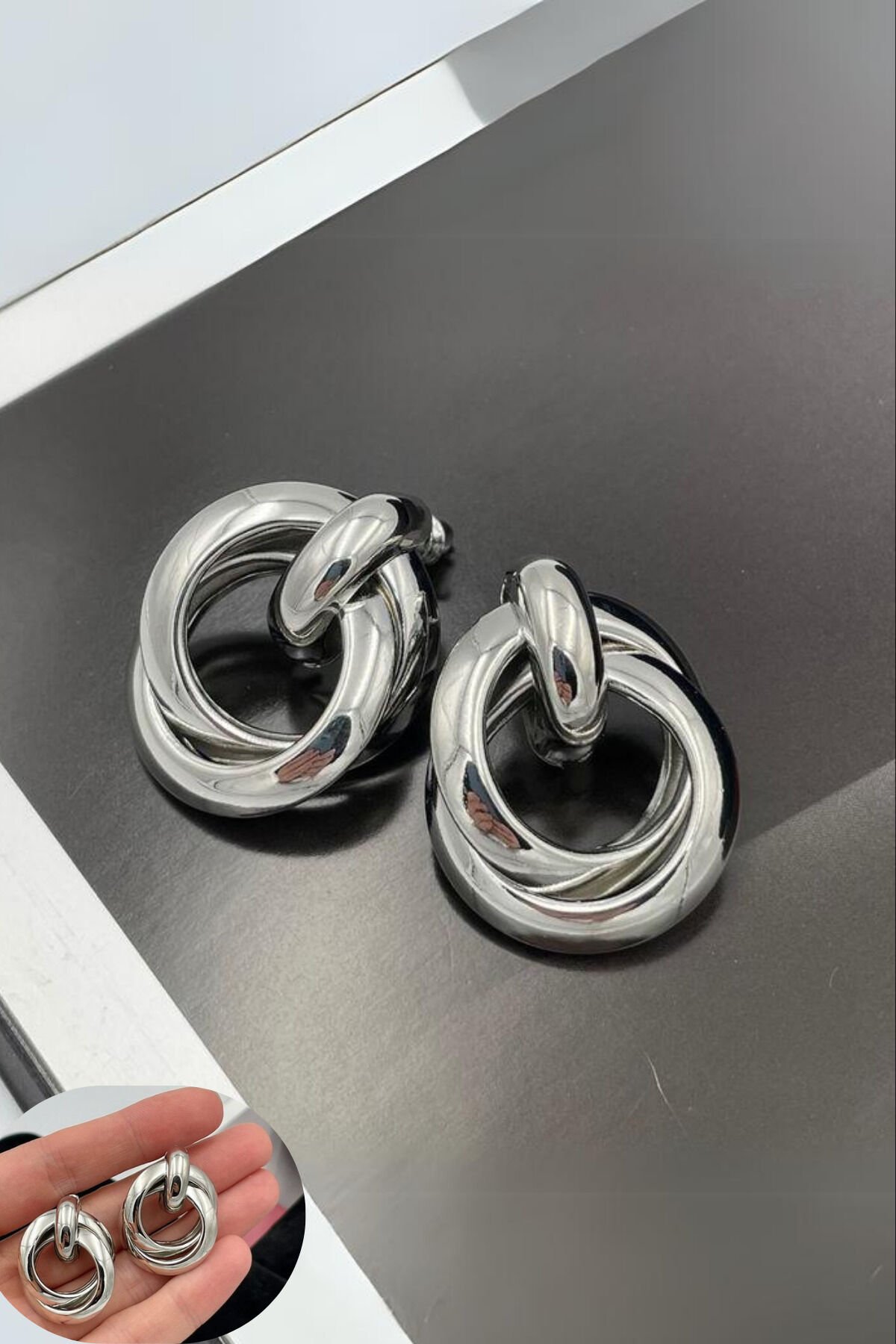 Trend Kadın Lüks Gümüş Renk Iç Içe Daire Küpe