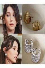 Kadın  3 Sıra Çelik Gümüş Bombeli Küpe