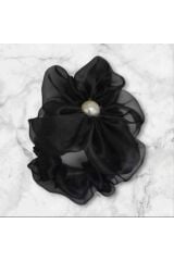 Kadın Siyah Lastik Toka Organze Çiçek Figür