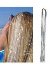 Gri Renk Simli Saç Aksesuarı (İTHAL) Hair Tinsel Shiny Postiş Gelin Teli Saç Simi Aksesuarı
