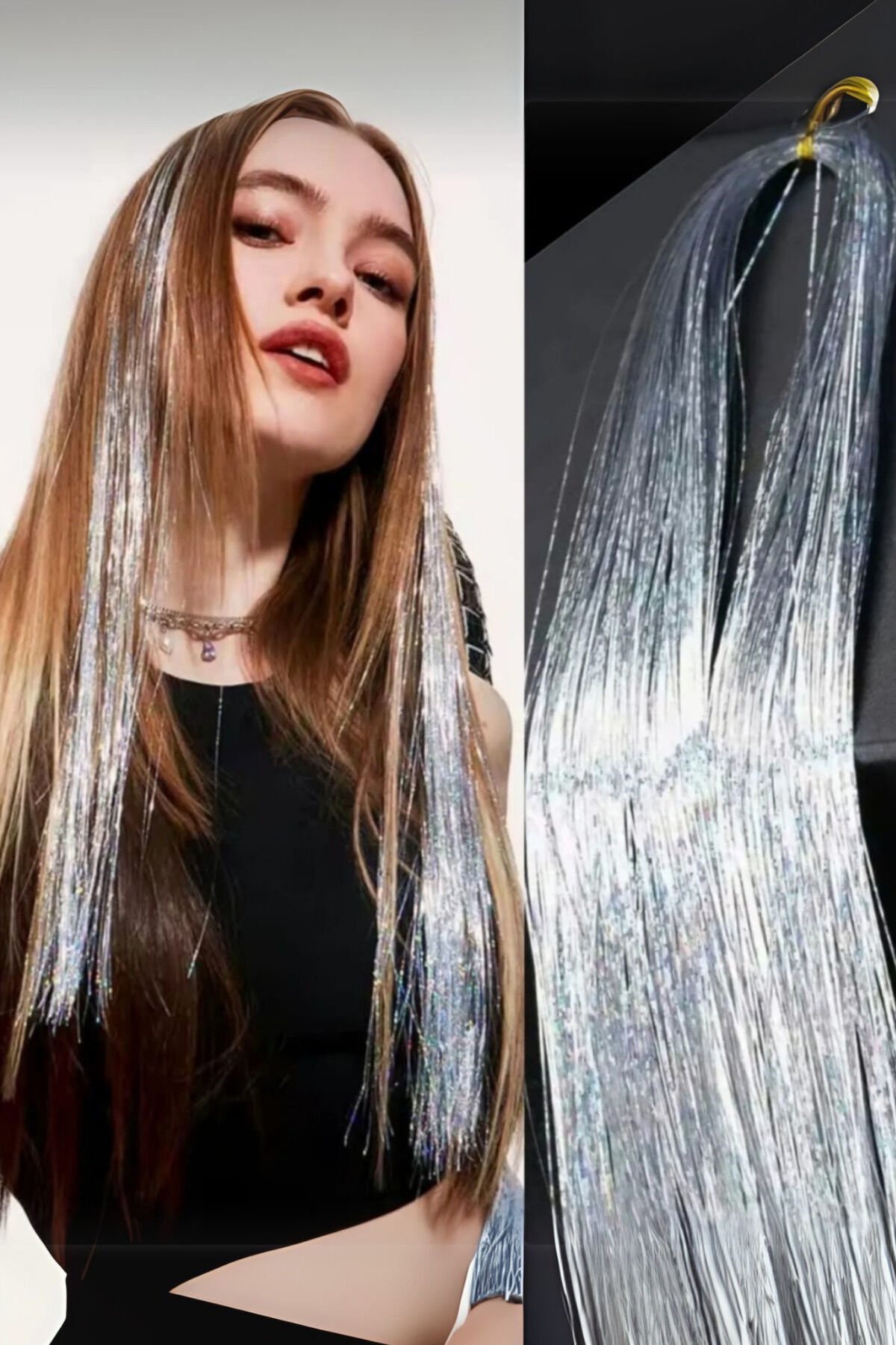 Gri Renk Simli Saç Aksesuarı (İTHAL) Hair Tinsel Shiny Postiş Gelin Teli Saç Simi Aksesuarı
