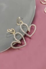 Çift Kalpli Sallantılı Zirkon Taşlı Gold Küpe