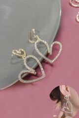 Çift Kalpli Sallantılı Zirkon Taşlı Gold Küpe