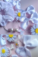 Okul Tokası Seti 11 PARÇA / Beyaz Lastik Toka/Beyaz Pens Fiyonk/Beyaz İnci Lastik