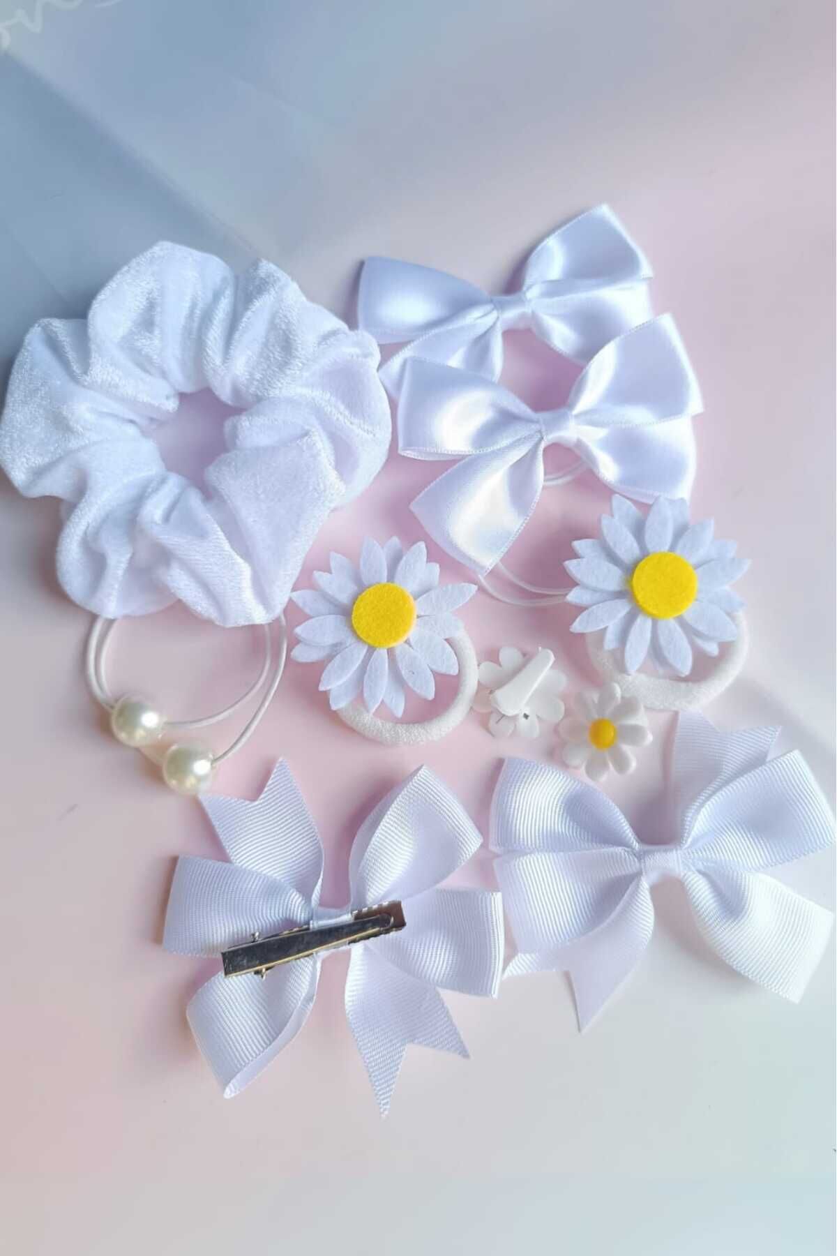 Okul Tokası Seti 11 PARÇA / Beyaz Lastik Toka/Beyaz Pens Fiyonk/Beyaz İnci Lastik