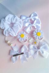 Okul Tokası Seti 11 PARÇA / Beyaz Lastik Toka/Beyaz Pens Fiyonk/Beyaz İnci Lastik