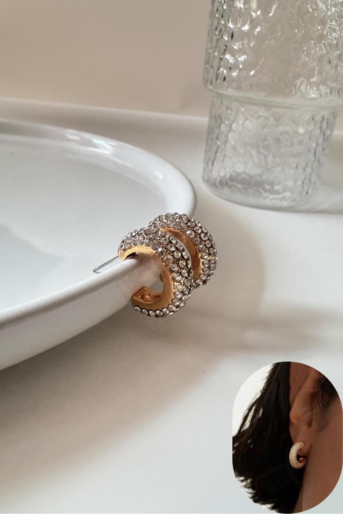 Kadın Gold Küpe Zirkon Taşlı Halka